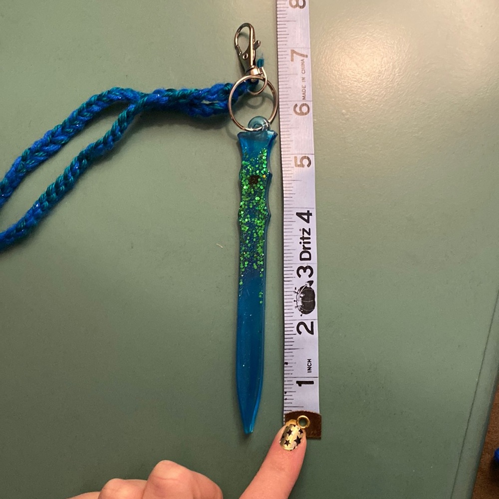 Blue resin self defense keychain with black obsidian stone